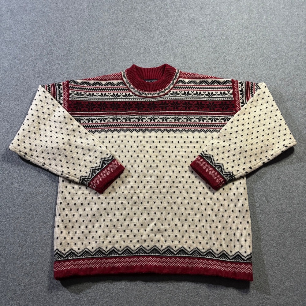 Lands' End Sweater Mens M Cream Red Vintage 90s Nordic Fair Isle Wool Pullover